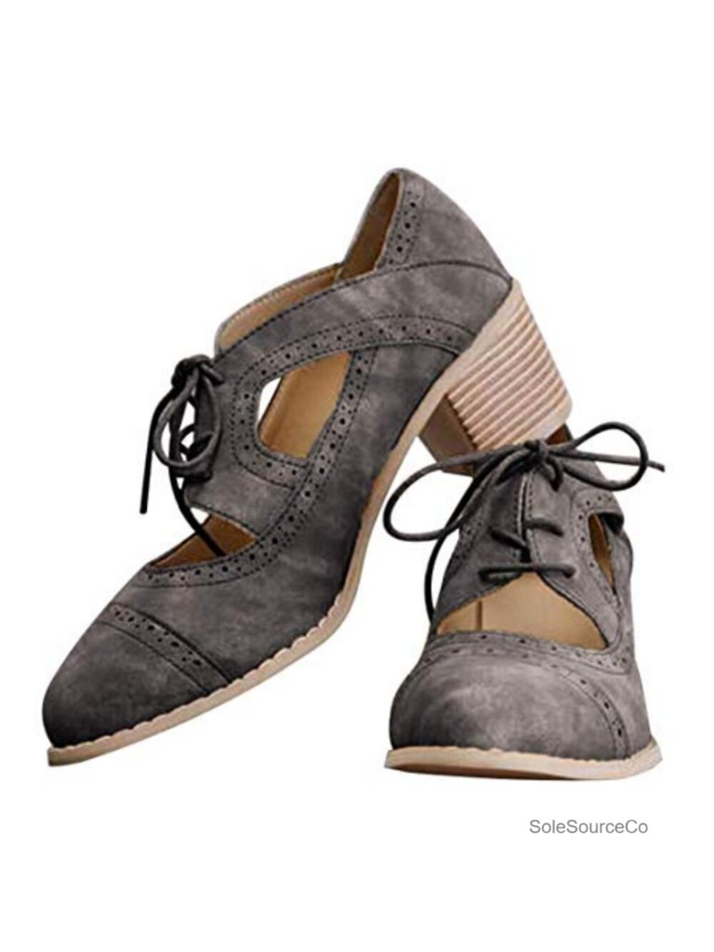 Suede Leather Oxford Chunky Mid Heel Brogue Wingtip Lace Up Women Dress Shoe